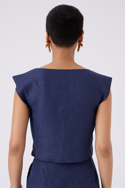 Pi Indigo Houndstooth Linen Crop Top