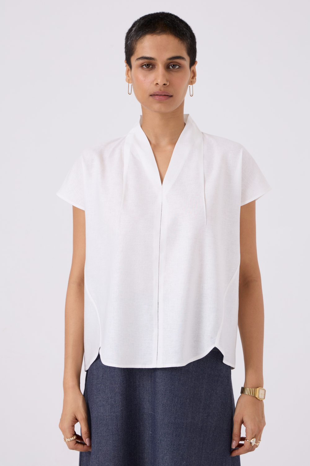 Orion White Linen V Neck Top