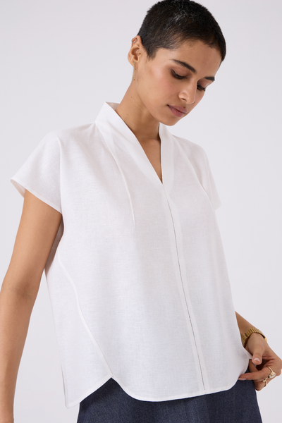 Orion White Linen V Neck Top