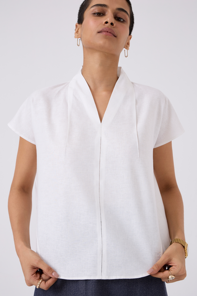 Orion White Linen V Neck Top