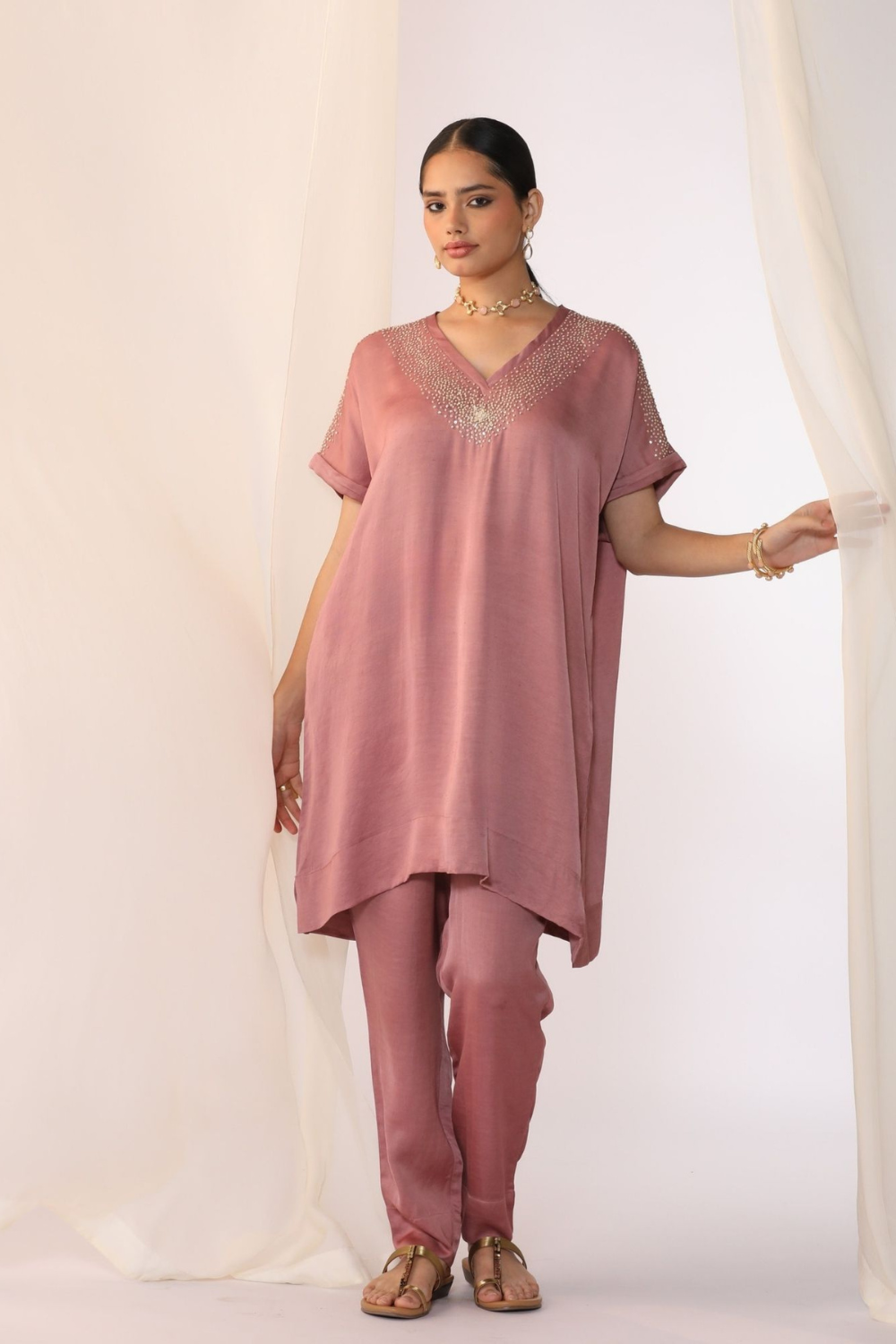 Linen satin co-ord set with knot handwork embroidery