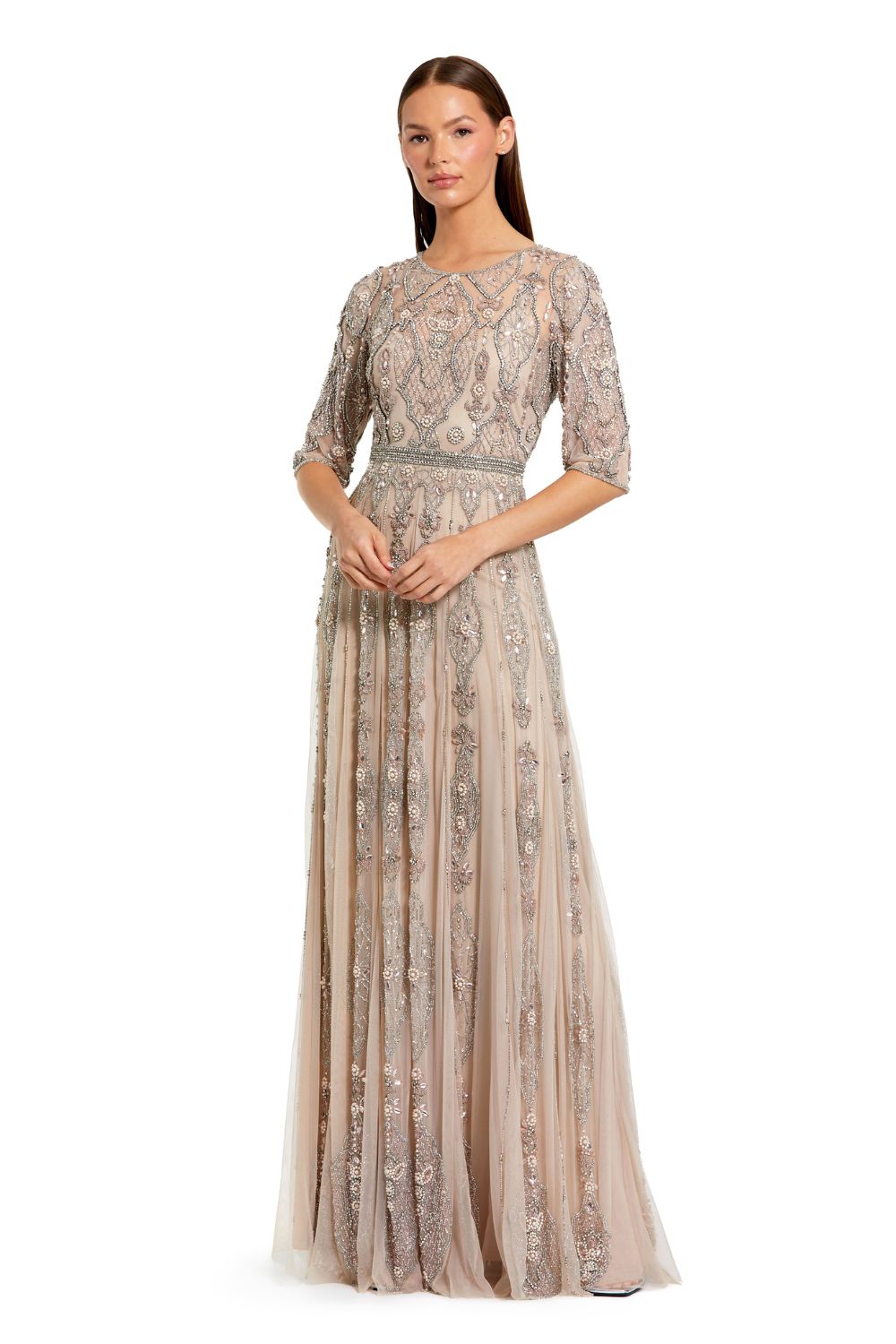 10115-Beige 3/4 Sleeve Embellished A-line Gown