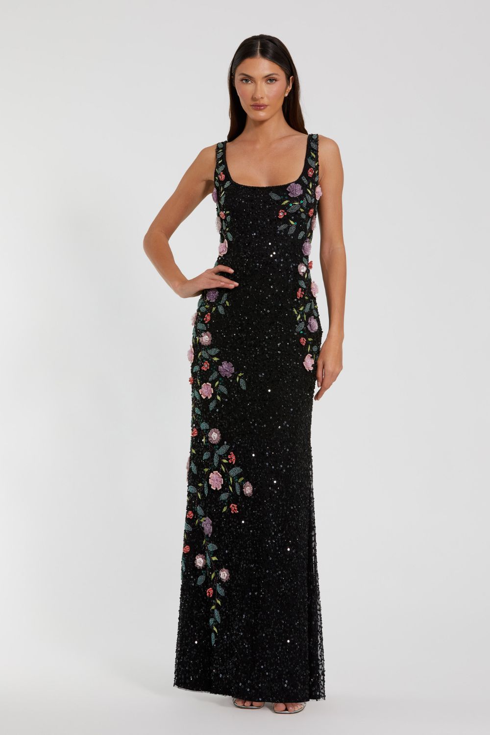 9340-Floral Beaded Mesh Scoop Neck Sleeveless Gown