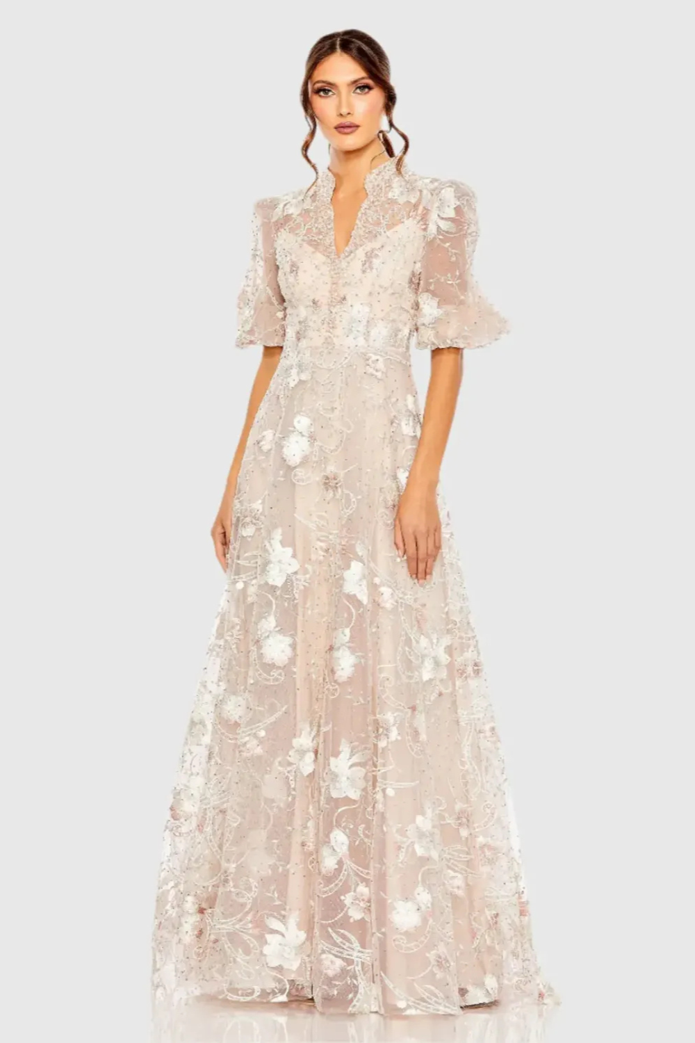 Pink Queen Anne Puff Sleeve A-Line Gown