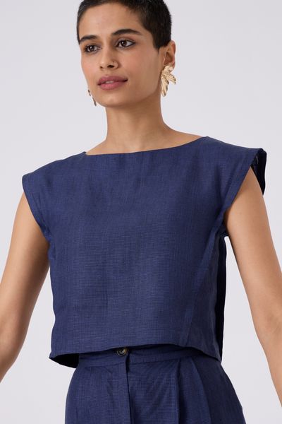 Pi Indigo Houndstooth Linen Crop Top