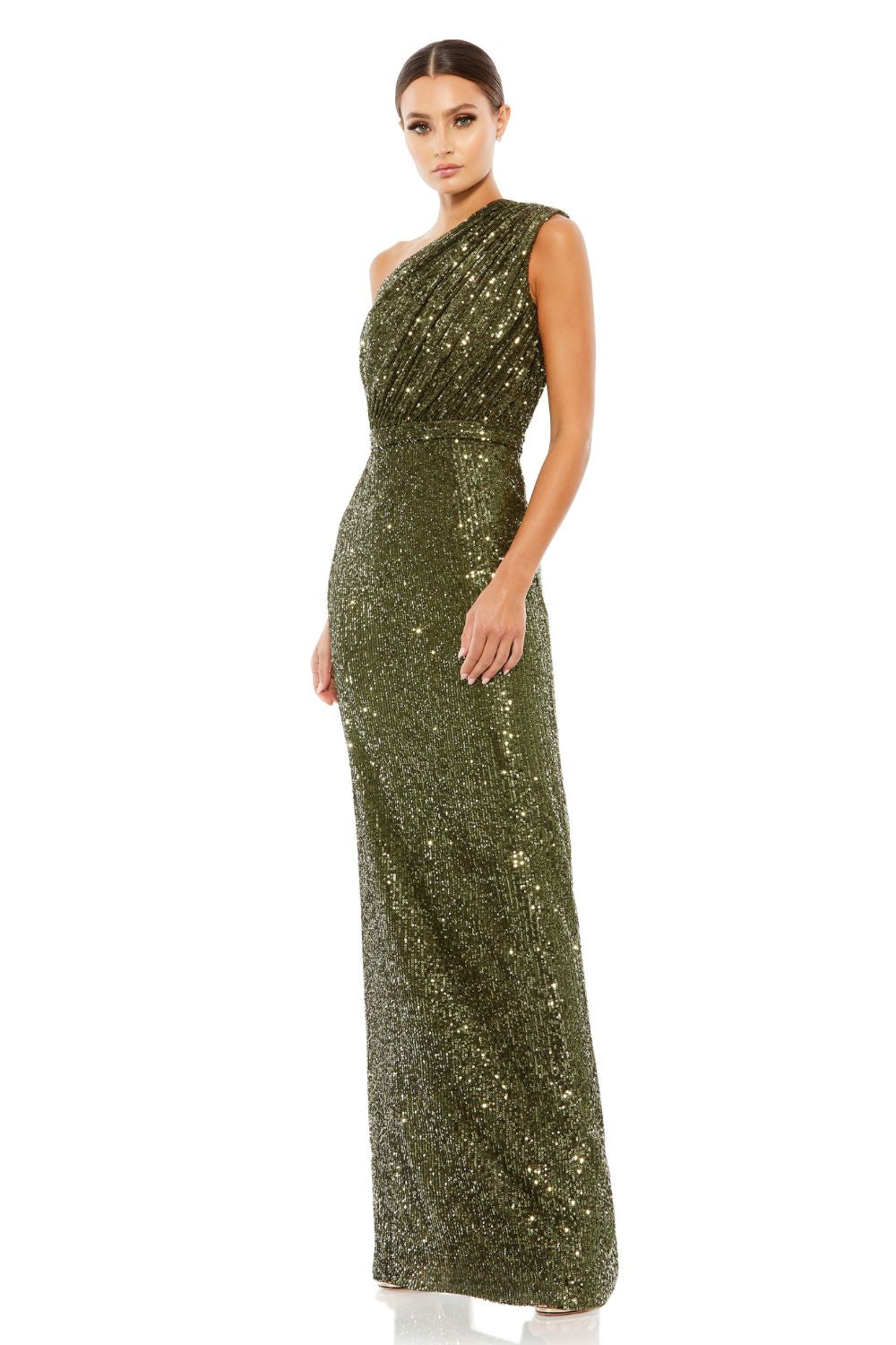26694-Sequined Ruched One Shoulder Gown
