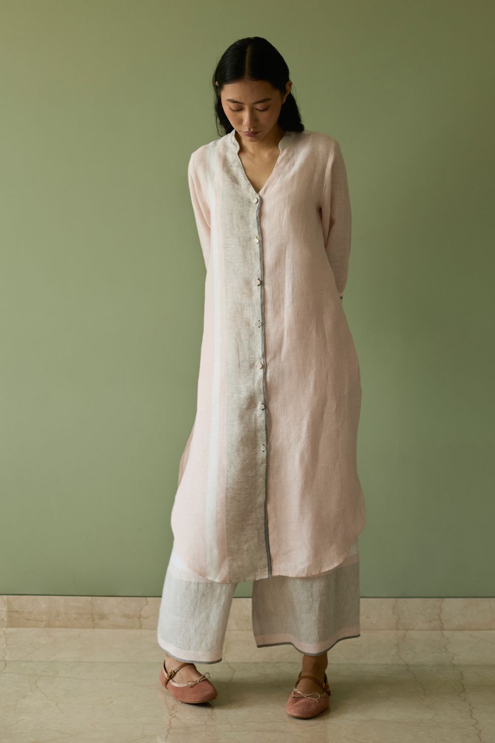 Mori Border Linen Shirt Kurta-Blush