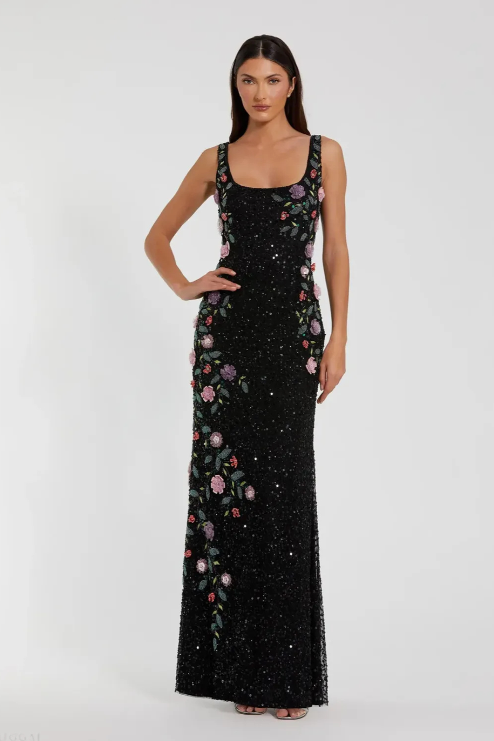 Black Floral Beaded Mesh Scoop Neck Sleeveless Gown