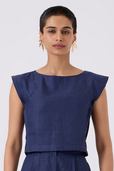 Pi Indigo Houndstooth Linen Crop Top