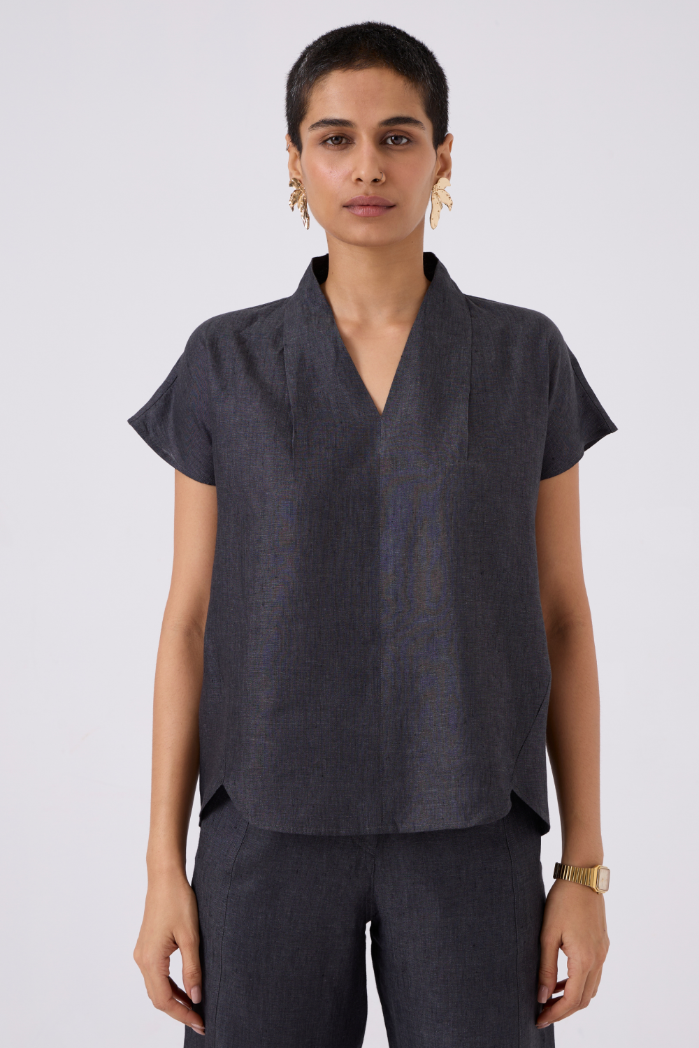 Lumas Linen Charcoal V Neck Top
