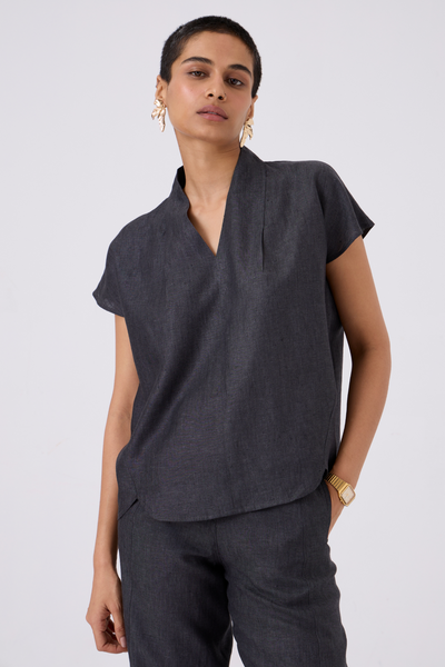 Lumas Linen Charcoal V Neck Top