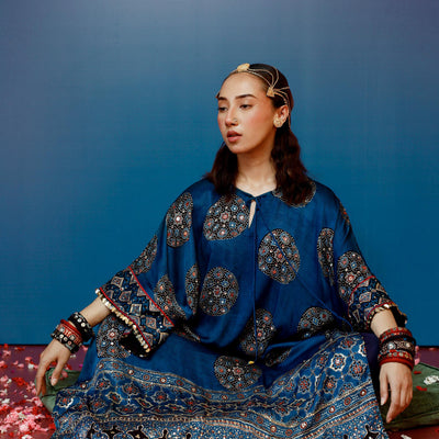Veere Ajrakh Blue Kaftan Set