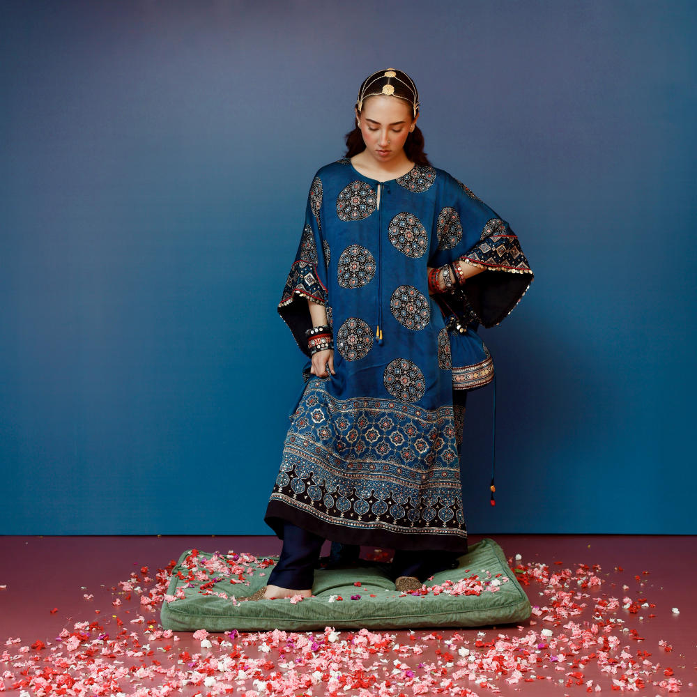 Veere Ajrakh Blue Kaftan Set