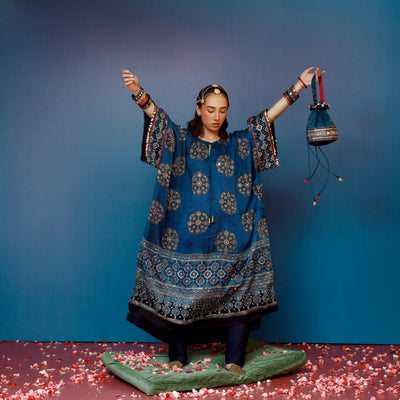 Veere Ajrakh Blue Kaftan Set