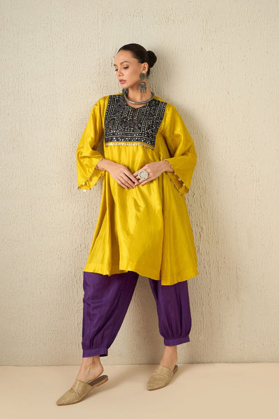 AFGHANI SILK SET - Yellow upper, Purple pants