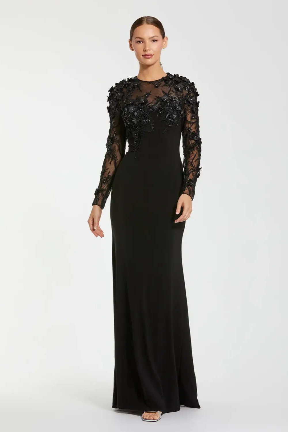 Black Long Sleeve Floral Embellished Column Gown