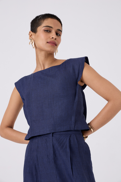 Pi Indigo Houndstooth Linen Crop Top
