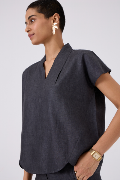 Lumas Linen Charcoal V Neck Top