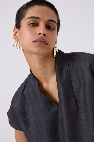 Lumas Linen Charcoal V Neck Top