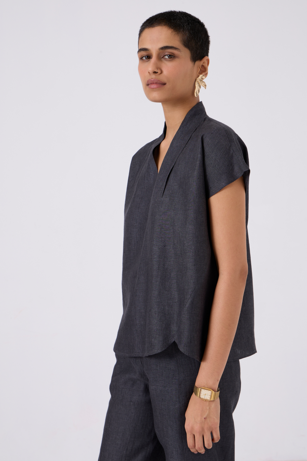 Lumas Linen Charcoal V Neck Top