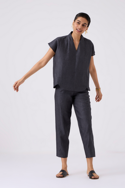 Lumas Linen Charcoal V Neck Top
