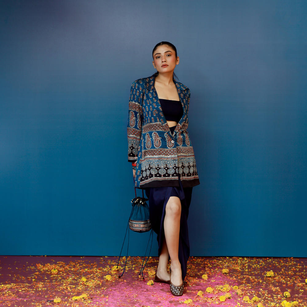 Baithak Blue Ajrak Blazer Set