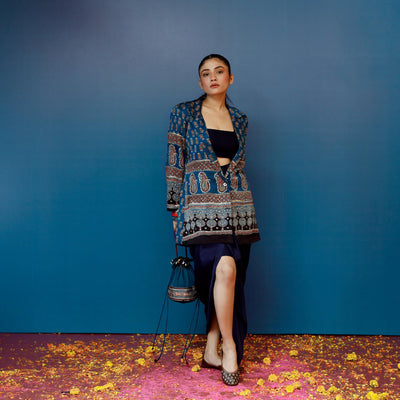 Baithak Blue Ajrak Blazer Set