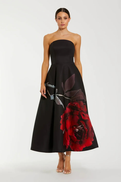 Black Crepe Printed Strapless Midi Dress With Pockets