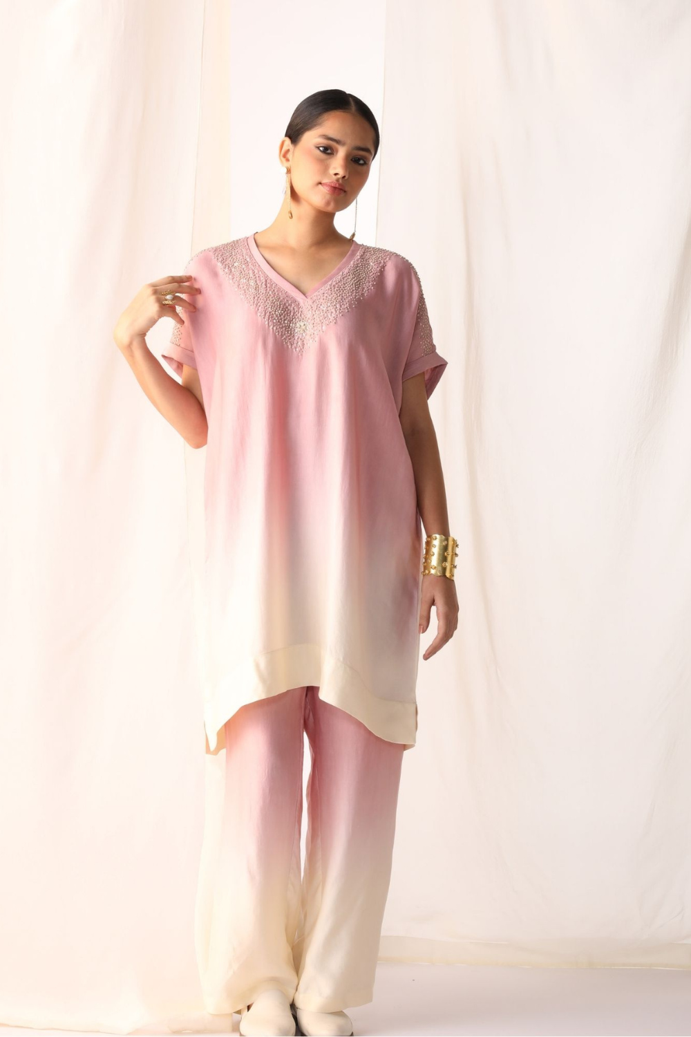 Linen satin ombre co-ord set with handwork embroidery