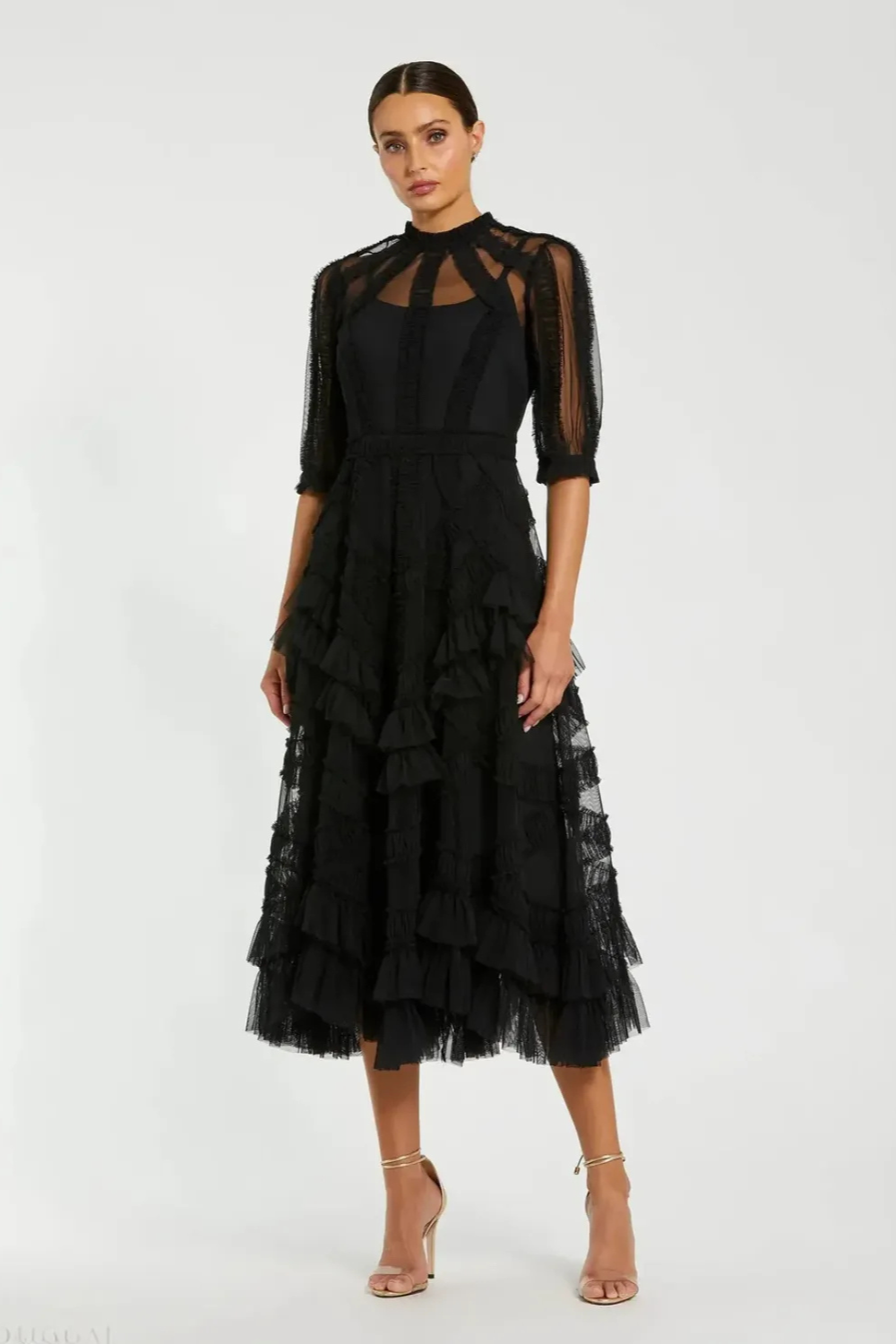 Black High Neck Ruffle Tiered A-Line Midi Dress