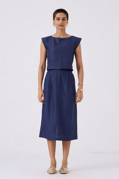 Pi Indigo Houndstooth Linen Crop Top