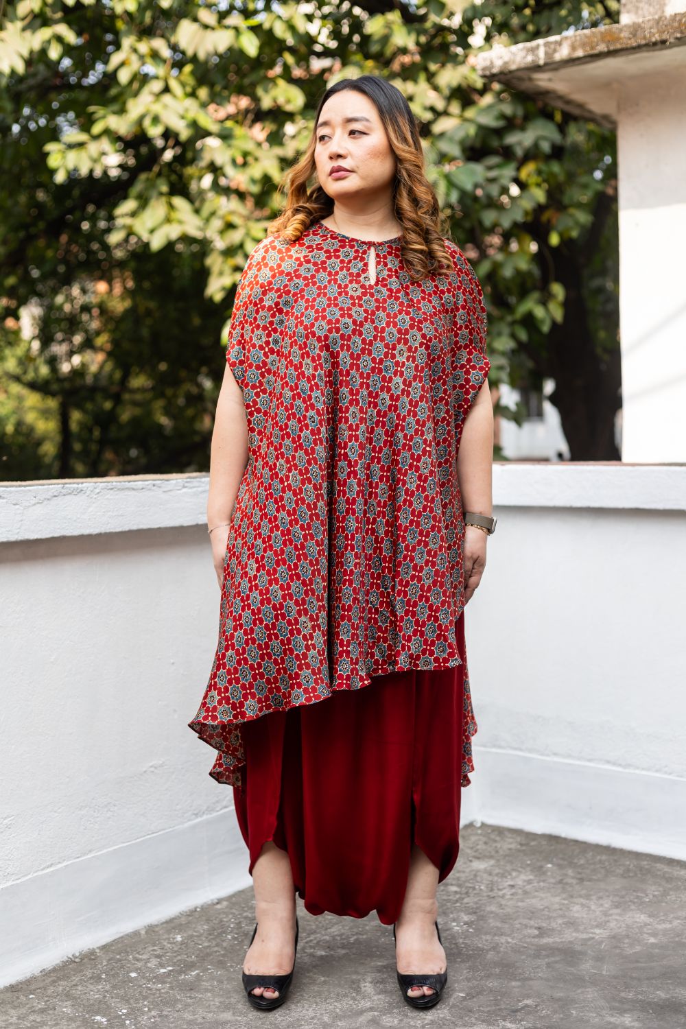 Soho Red Ajrakh Asymmetric Tunic Set