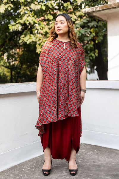 Soho Red Ajrakh Asymmetric Tunic Set