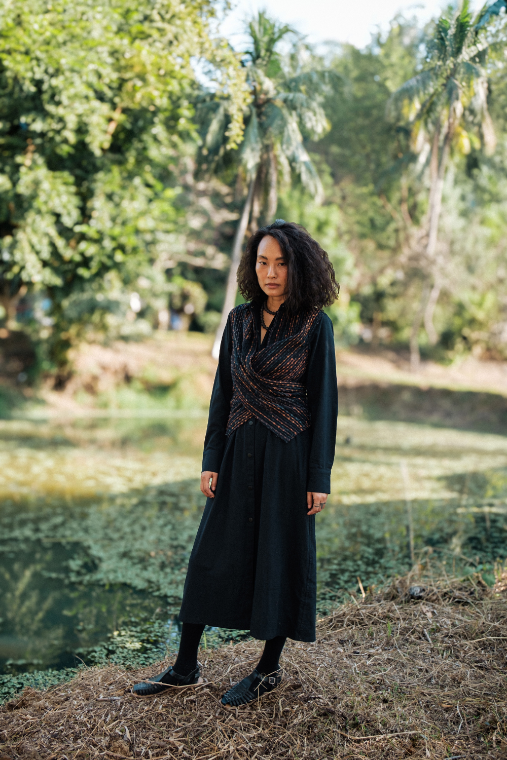 Upcycled Handwoven Seattle Wrap Calf Dress - Black Copper