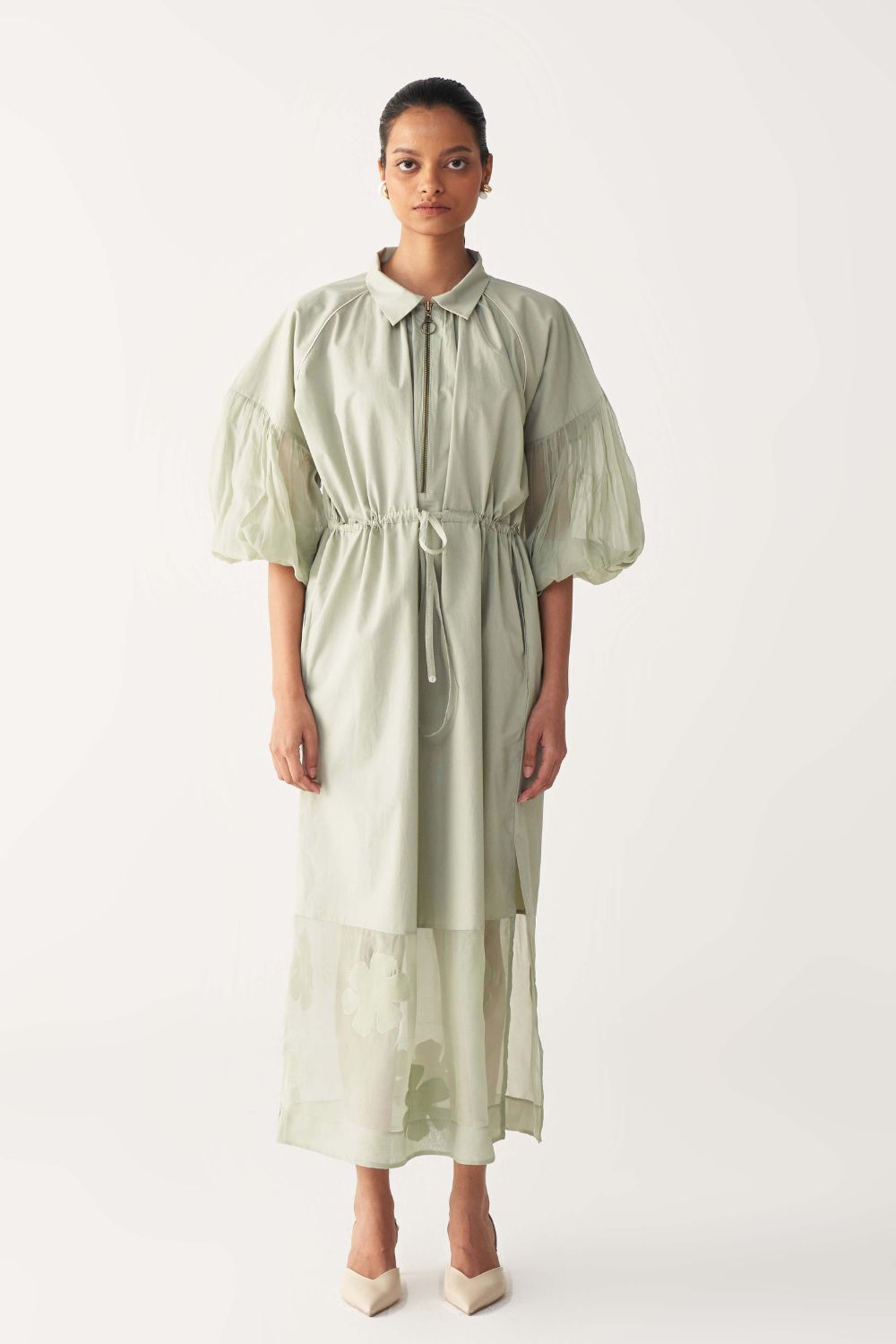 DRAWSTRING PANEL DRESS-MINT