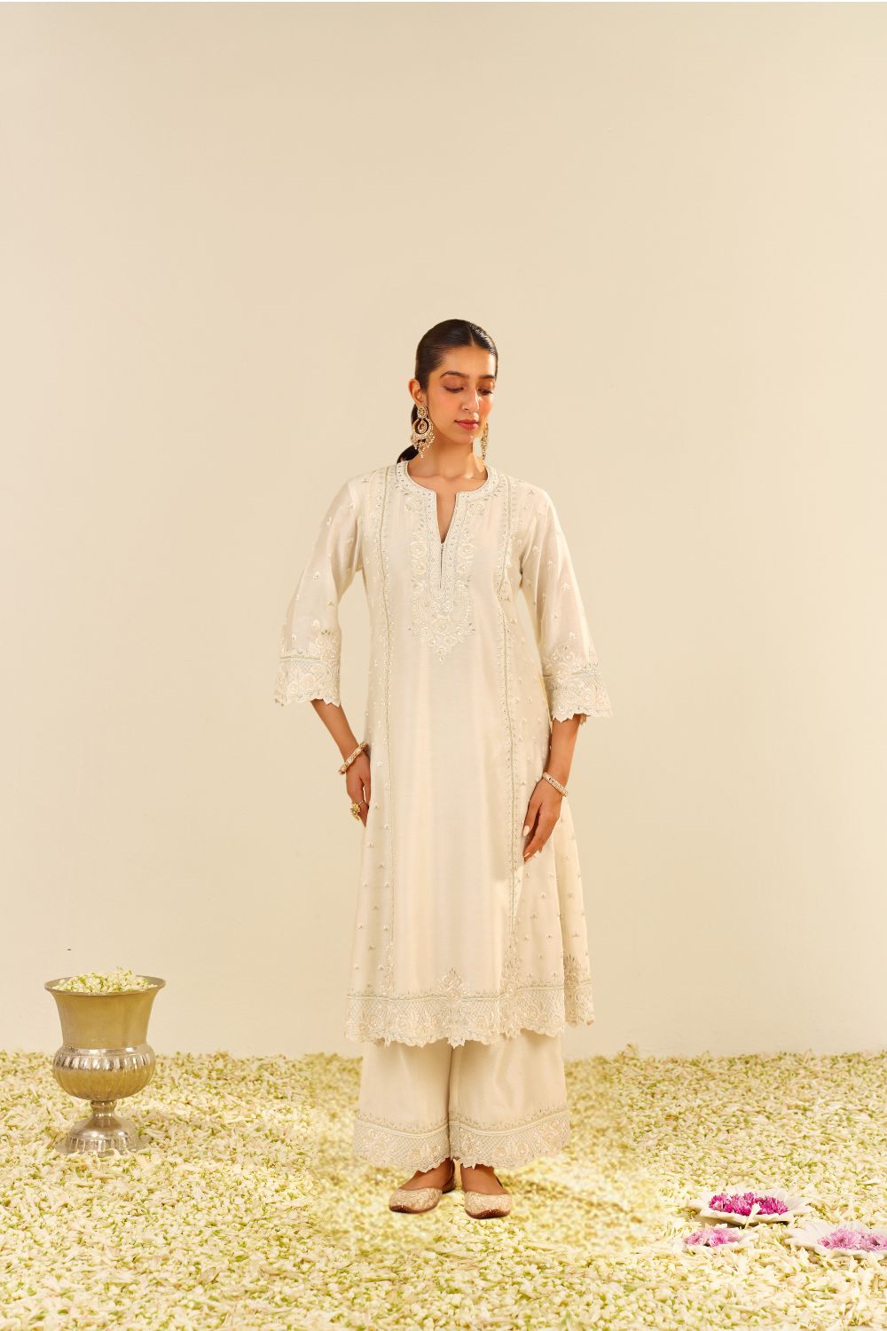Sumaiya - A-Line Kurta With Palazzo And Dupatta-Daisy Ivory