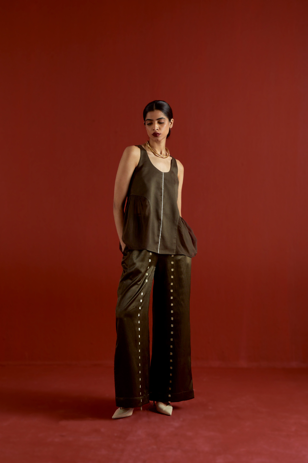 SIDE U-GATHER TOP CO-ORD-DARK OLIVE