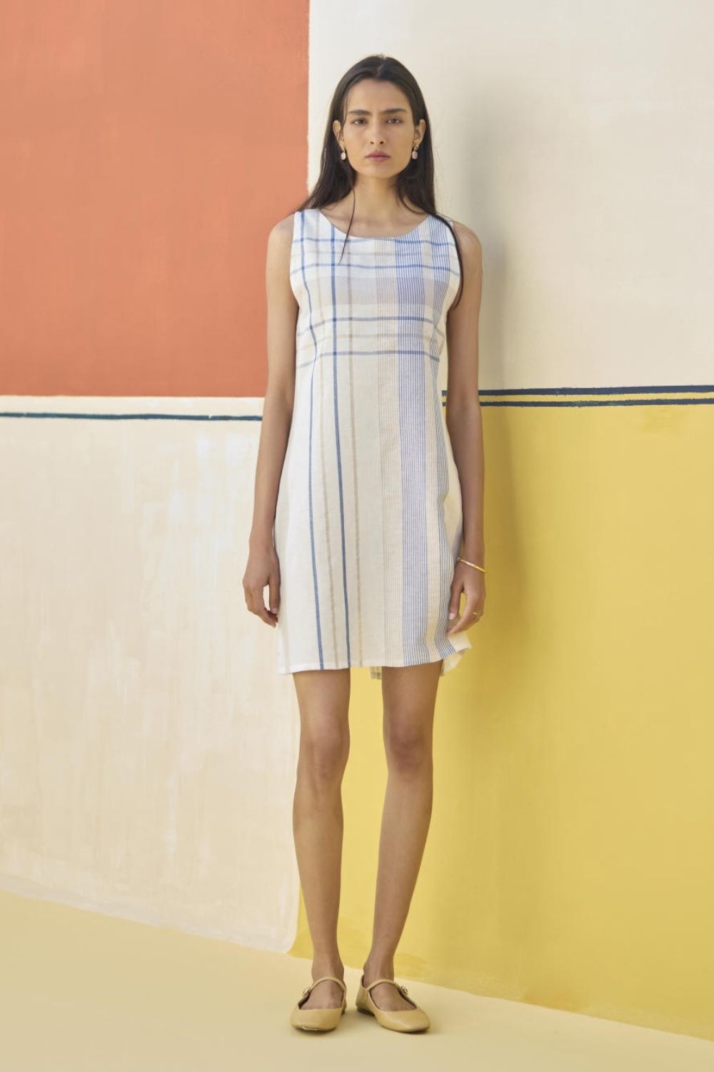 Nora Check Linen Shift Dress - Ivory