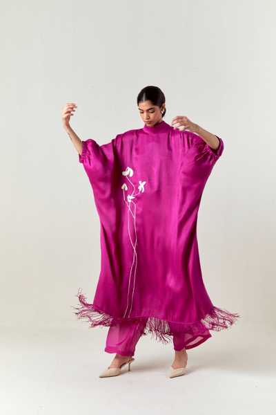 FLORAL FRINGE KAFTAN CO-ORD-FUCHSIA