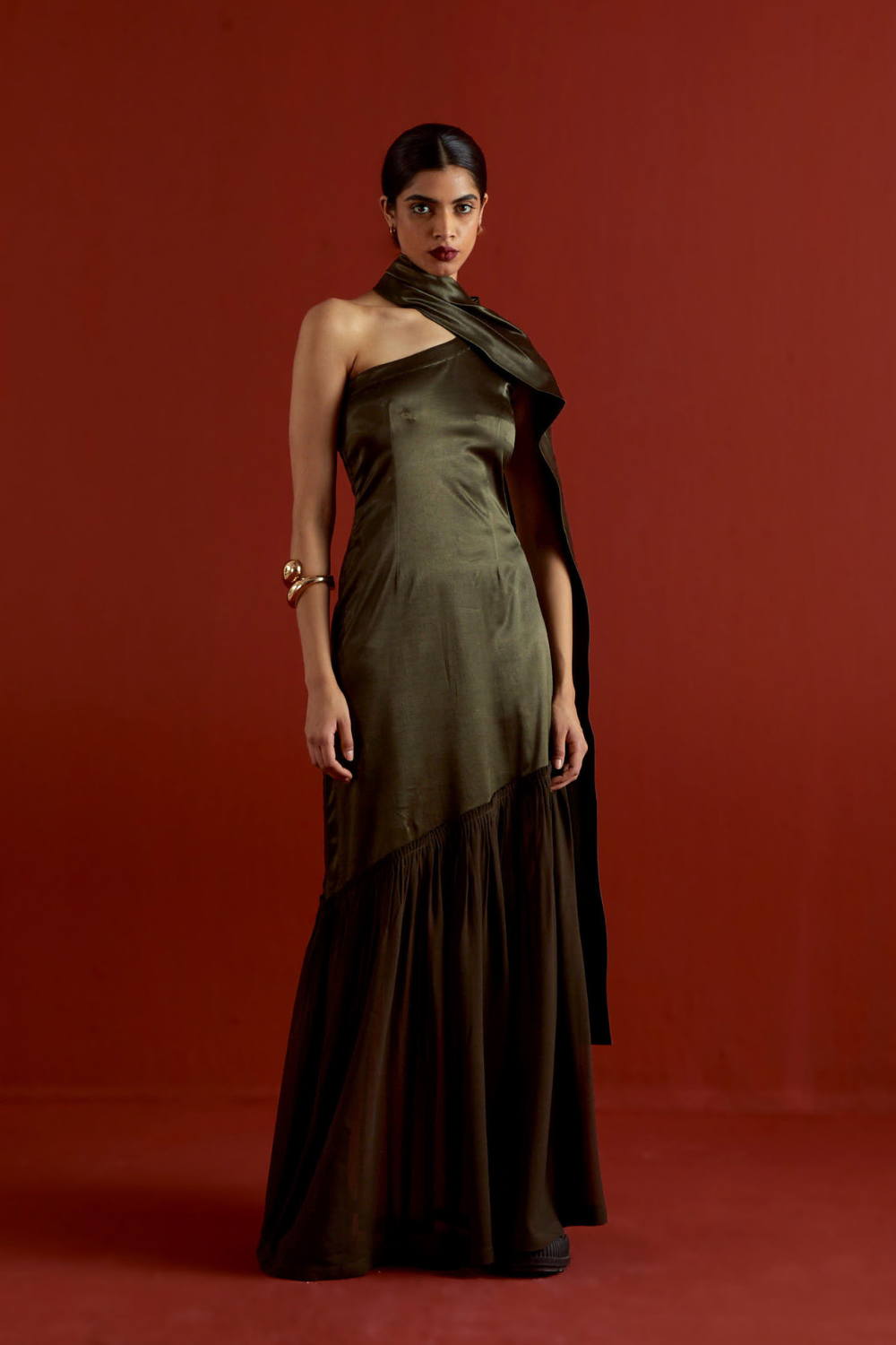 ONE SHOULDER DRESS-DARK OLIVE