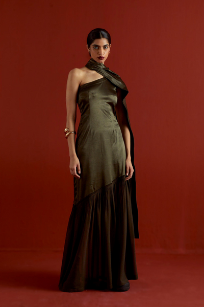 ONE SHOULDER DRESS-DARK OLIVE