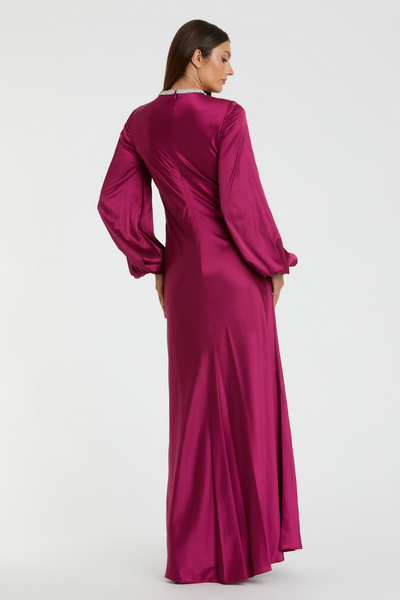 26575-Bishop Sleeve Satin Gown-Berry