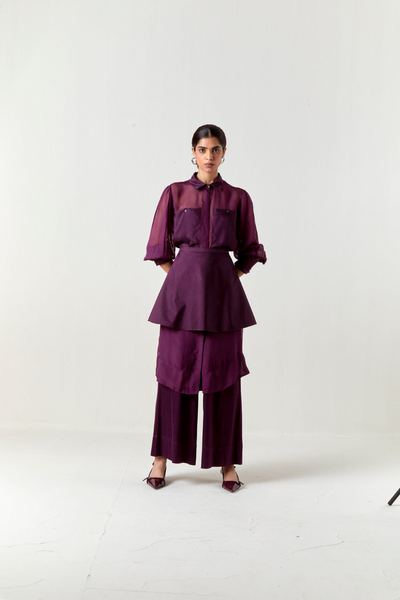 BEADED COLLAR SHEER SHIRT CO-ORD-WINE