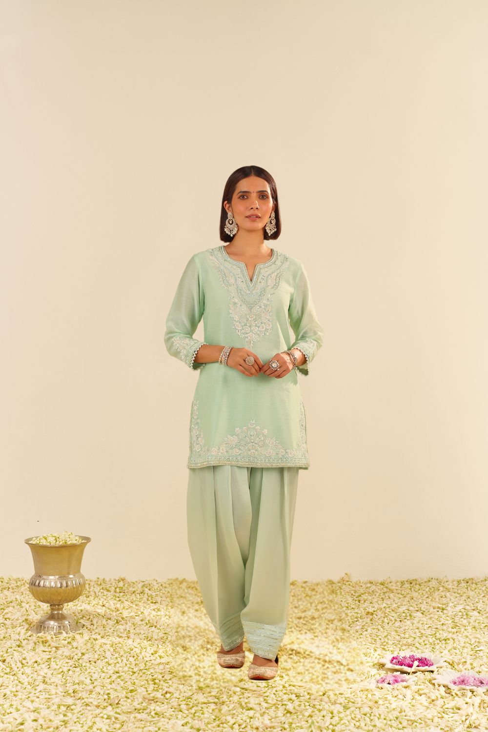 Haniya - Short Kurta With Salwar And Dupatta-Mint Green