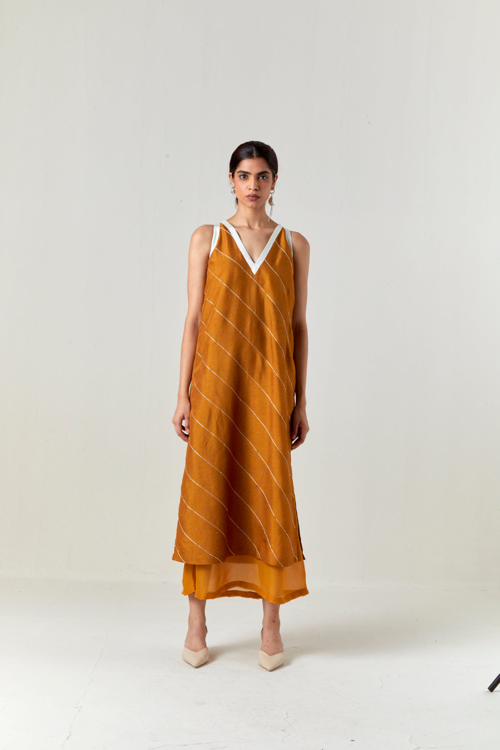 V-NECK EMBELLISHMENT DETAIL DRESS-OCHRE
