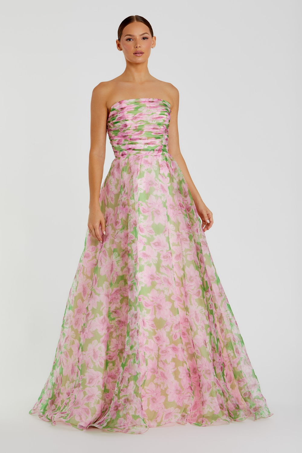 30783-Chiffon Gown with Ruffle Detail-Pink Multi