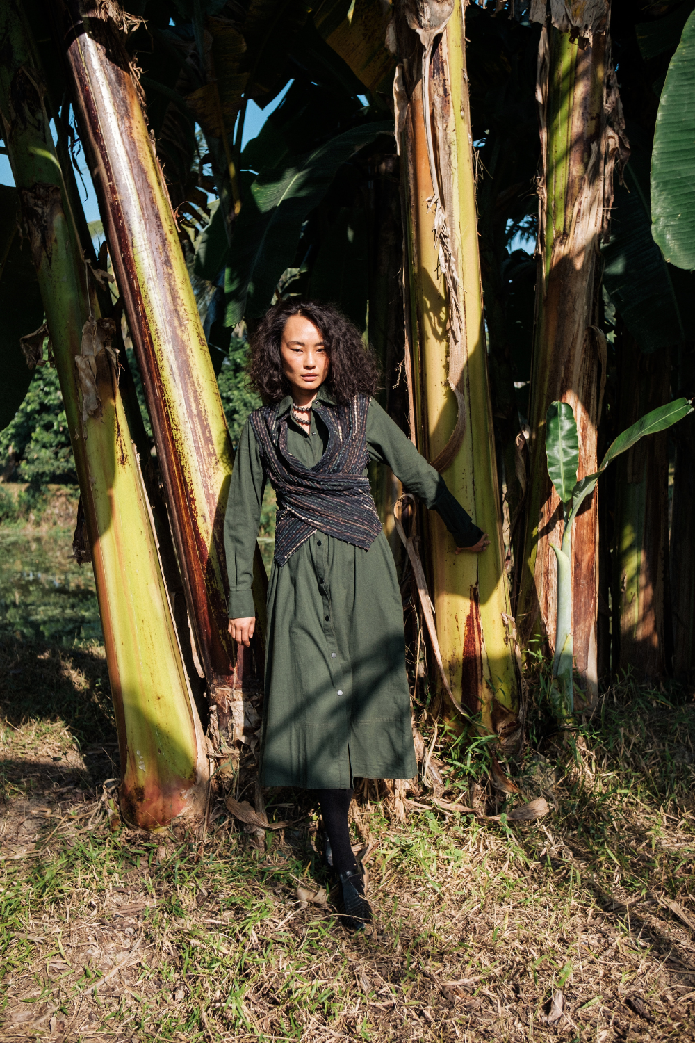Upcycled Handwoven Seattle Wrap Calf Dress - Green