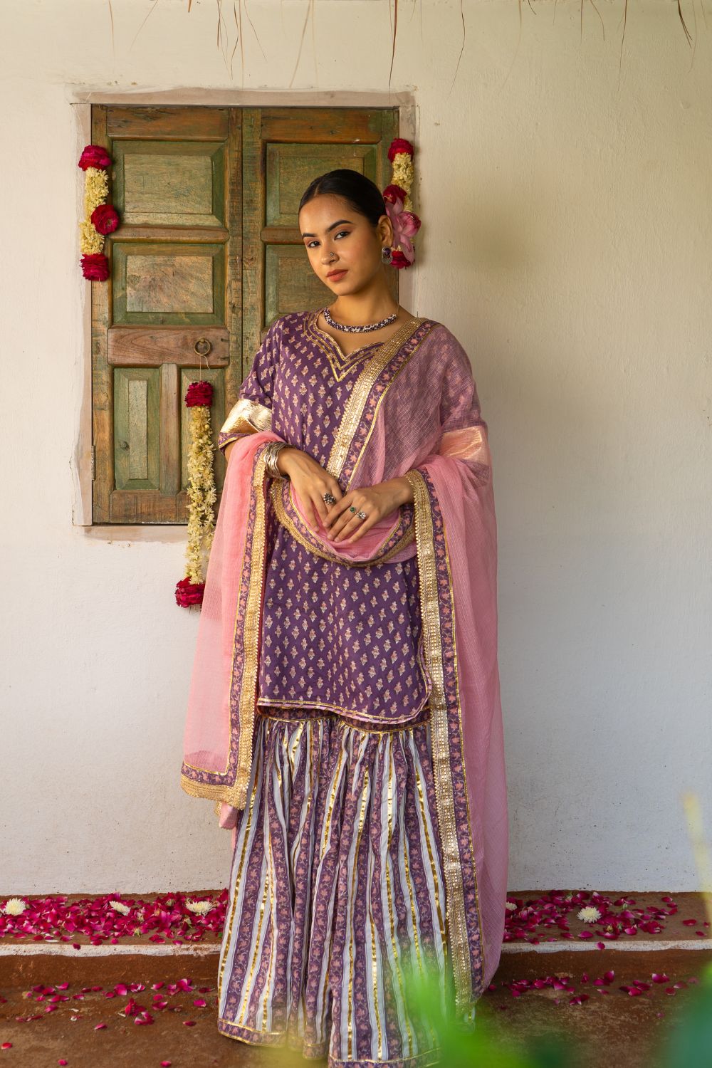Saundh purple and peach hand block printed gota sharara set