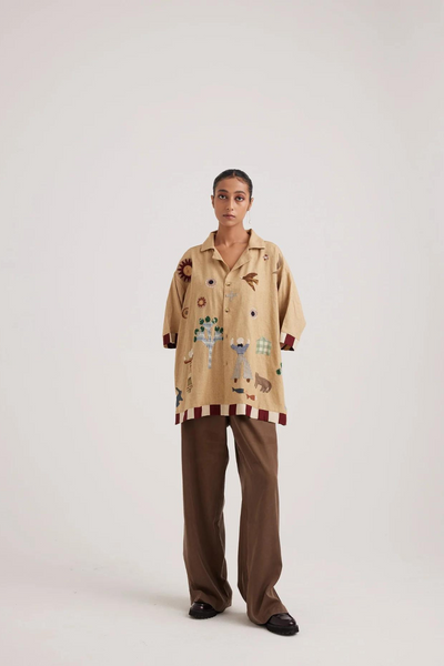 Unisex Oversized Shirt-Folk Applique-Beige