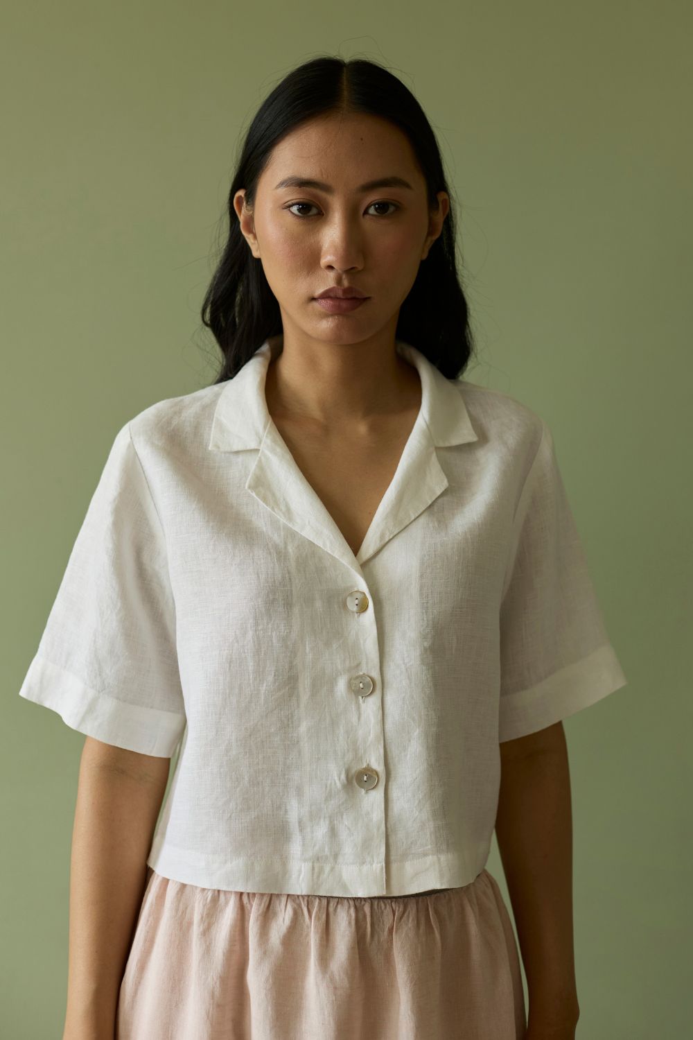 Kiera Cuban Collar Linen Shirt-Ivory